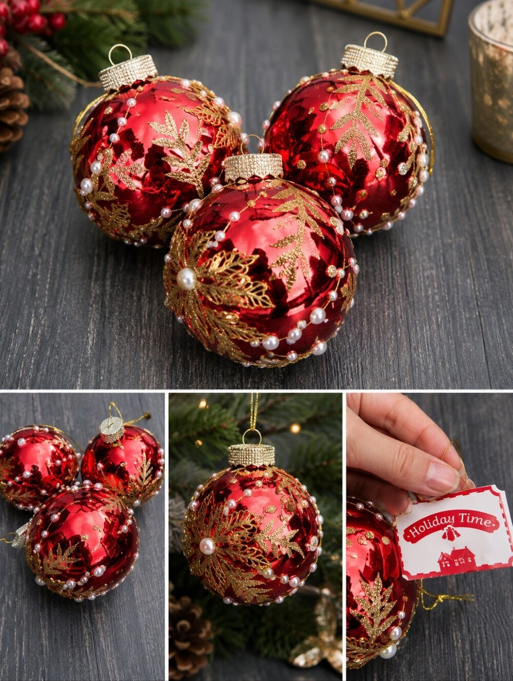 Holiday Time Red & Gold Pearl Christmas Ball Ornaments – Set of 3